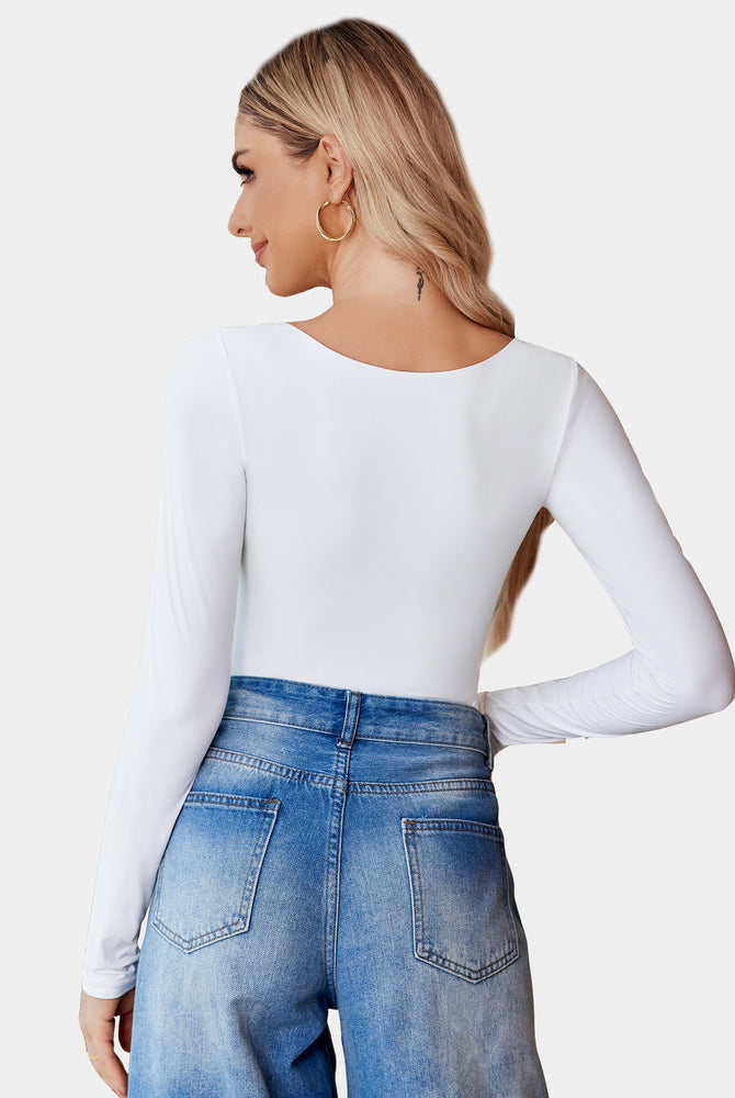 White long sleeve scoop neck bodysuit shapewear with blue jeans, going out top, flattering fit.
