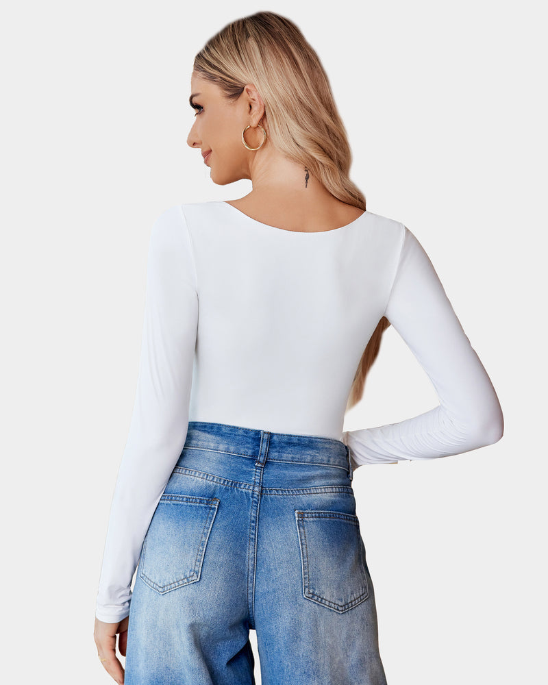 White long sleeve scoop neck bodysuit shapewear with blue jeans, going out top, flattering fit.