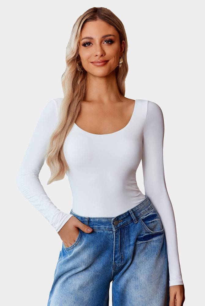 White scoop neck bodysuit shapewear with blue jeans, going out top, flattering fit for women