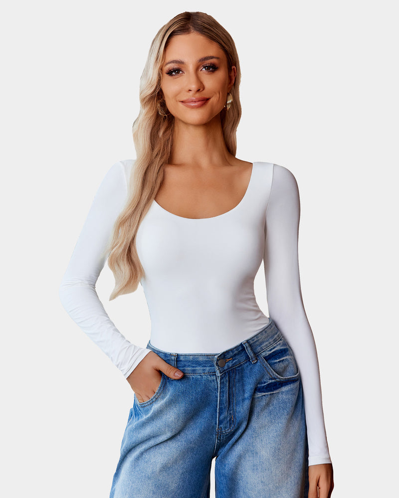 White scoop neck bodysuit shapewear with blue jeans, going out top, flattering fit for women