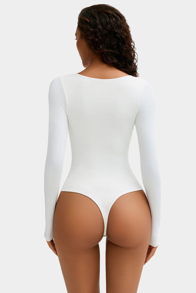 White long sleeve scoop neck bodysuit shapewear, ultra-soft, stretchy, flattering fit, going out top