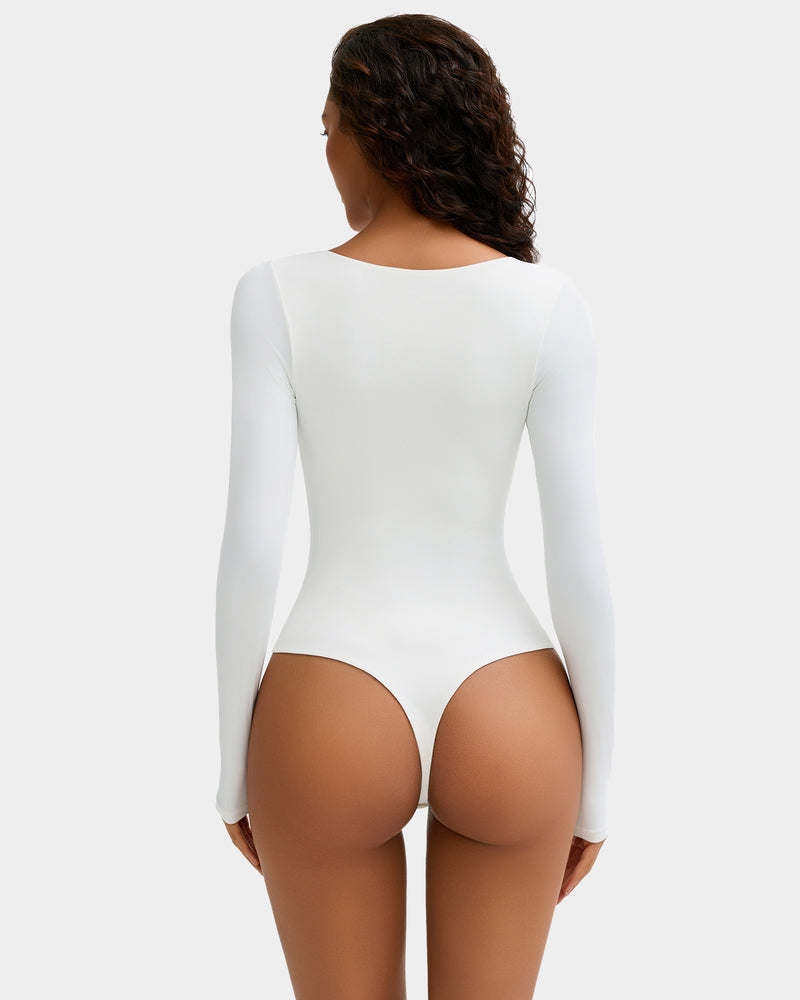 White long sleeve scoop neck bodysuit shapewear, ultra-soft, stretchy, flattering fit, going out top