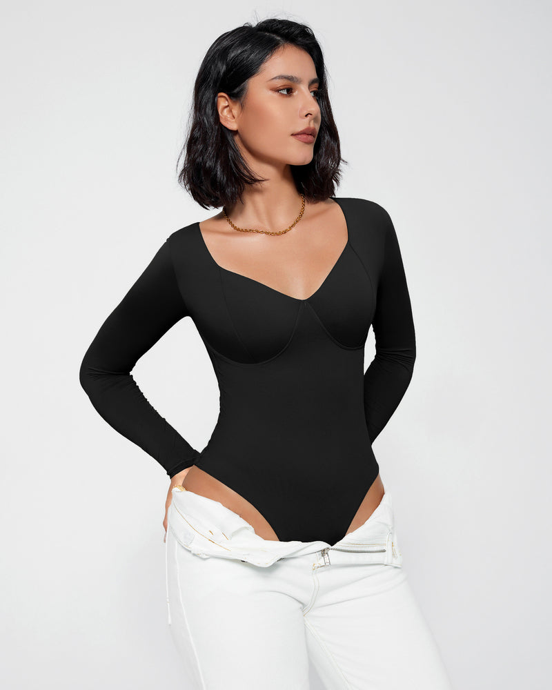 Black double-lined bodysuit with long sleeves and a flattering V-neck, perfect for tummy control