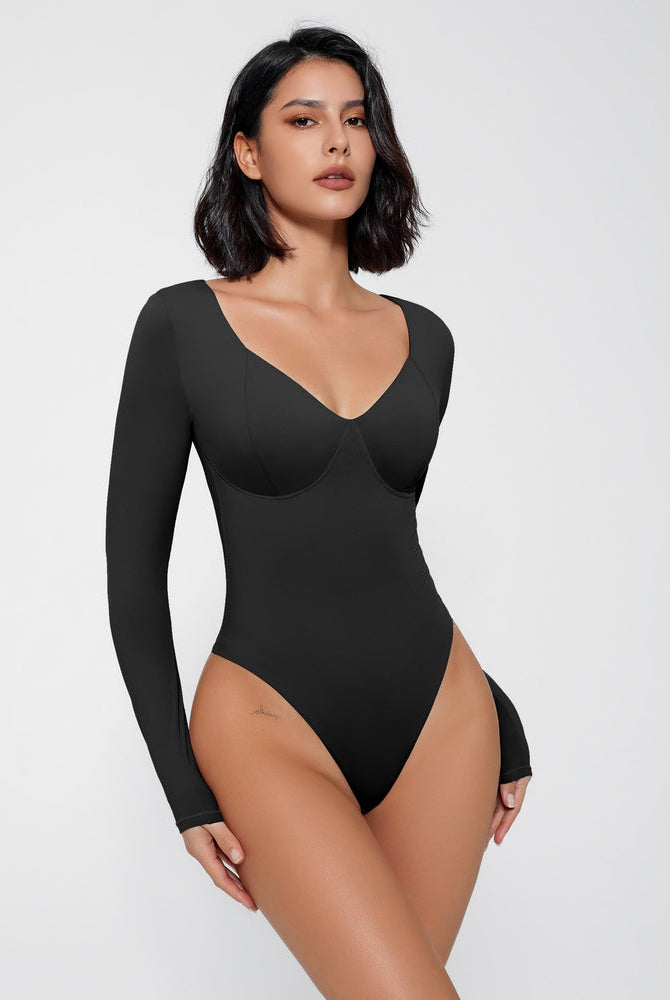Black Double Lined Bodysuit Tummy Control Shapewear with Long Sleeves