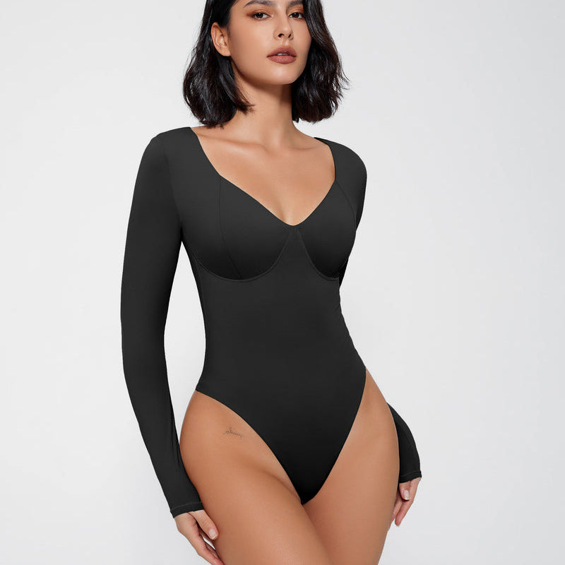 Black Double Lined Bodysuit Tummy Control Shapewear with Long Sleeves