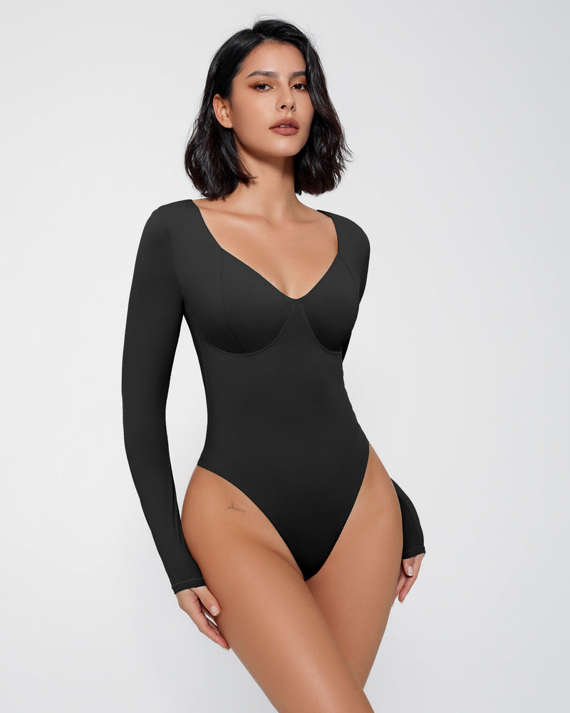Black Double Lined Bodysuit Tummy Control Shapewear with Long Sleeves