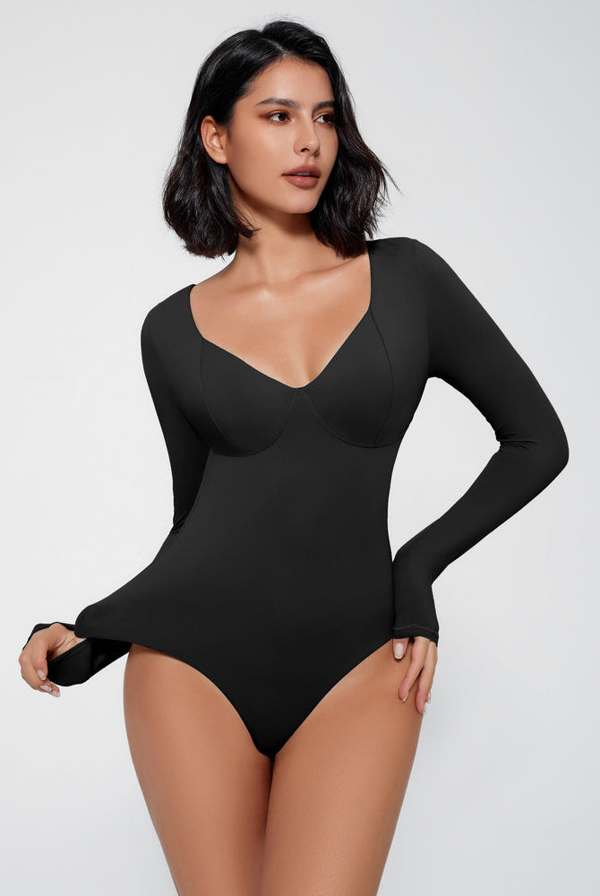 Black bodysuit shapewear with long sleeves, V-neck, and tummy control for a flattering figure.