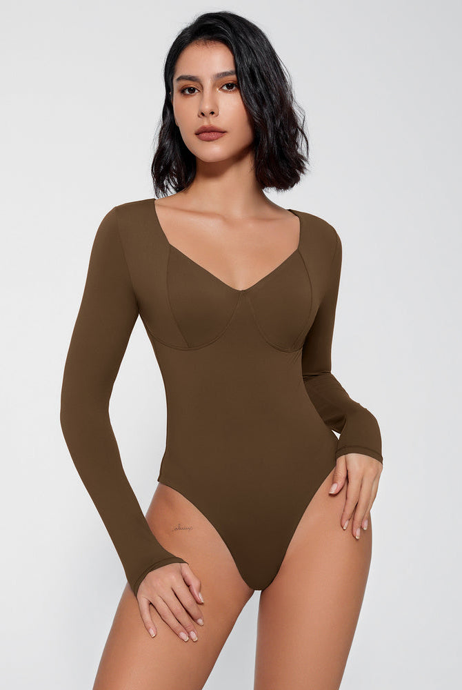 Brown double-lined bodysuit shapewear with long sleeves and V-neck for tummy control
