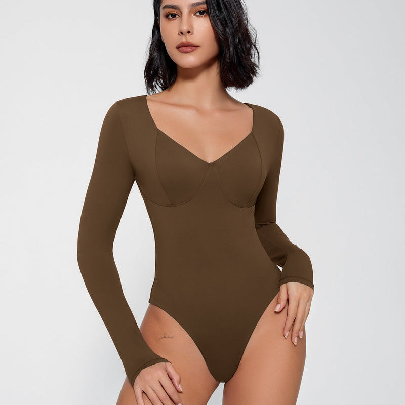 Brown double-lined bodysuit shapewear with long sleeves and V-neck for tummy control
