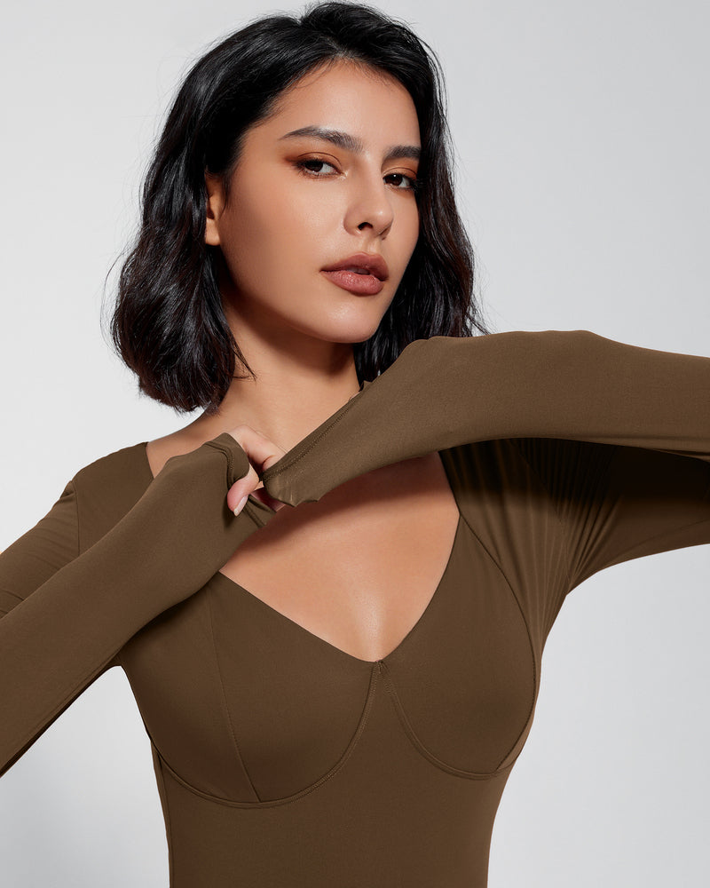 Double-lined brown bodysuit with long sleeves and V-neck, perfect for tummy control.