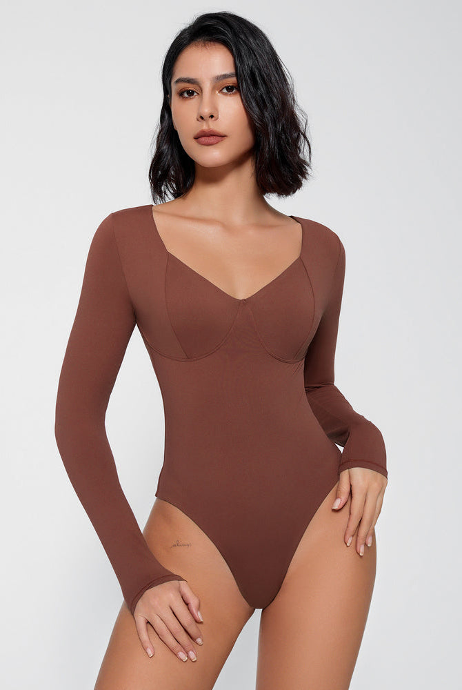 Brown long sleeve shapewear bodysuit with V-neck and tummy control, flattering fit