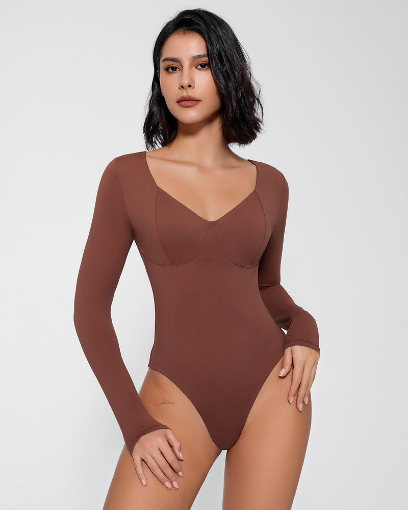 Brown long sleeve shapewear bodysuit with V-neck and tummy control, flattering fit