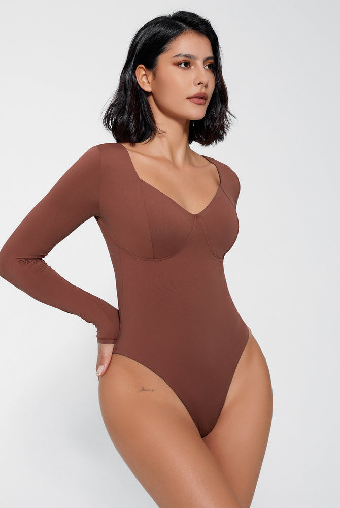 Brown long sleeve bodysuit with V-neck, tummy control shapewear, flattering fit