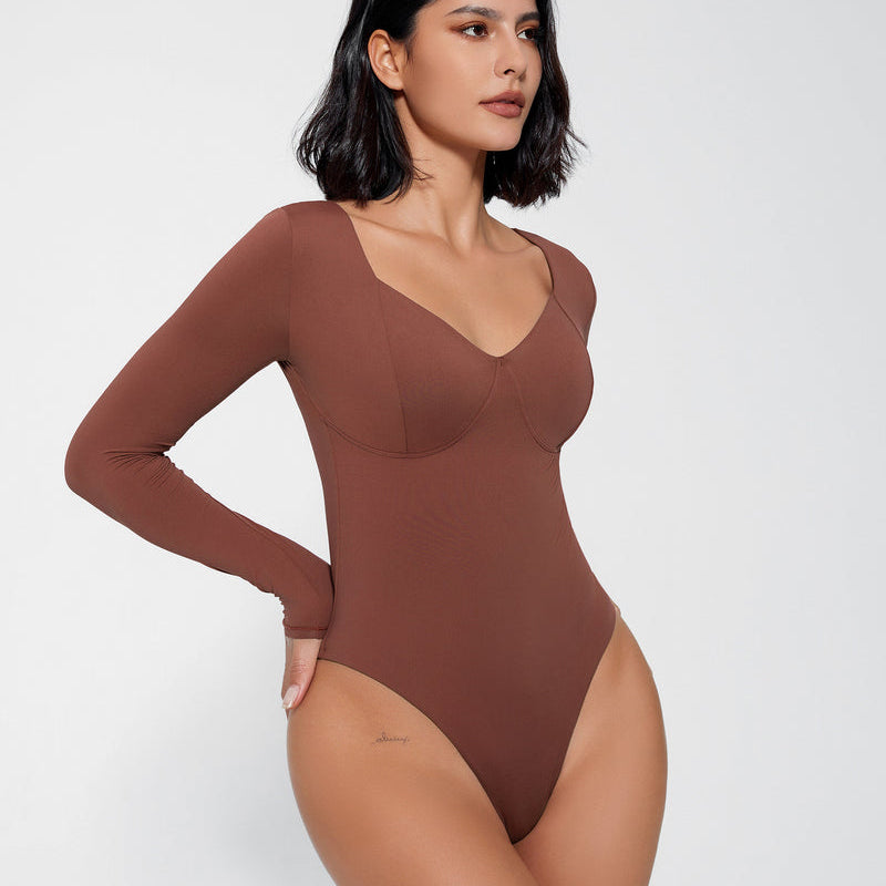 Brown long sleeve bodysuit with V-neck, tummy control shapewear, flattering fit