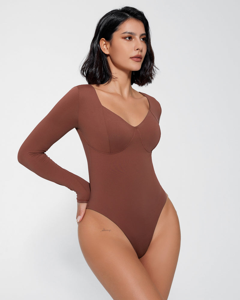 Brown long sleeve bodysuit with V-neck, tummy control shapewear, flattering fit