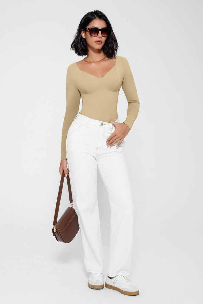 Beige long sleeve bodysuit shapewear, V-neck, tummy control, stylish and flattering fit.
