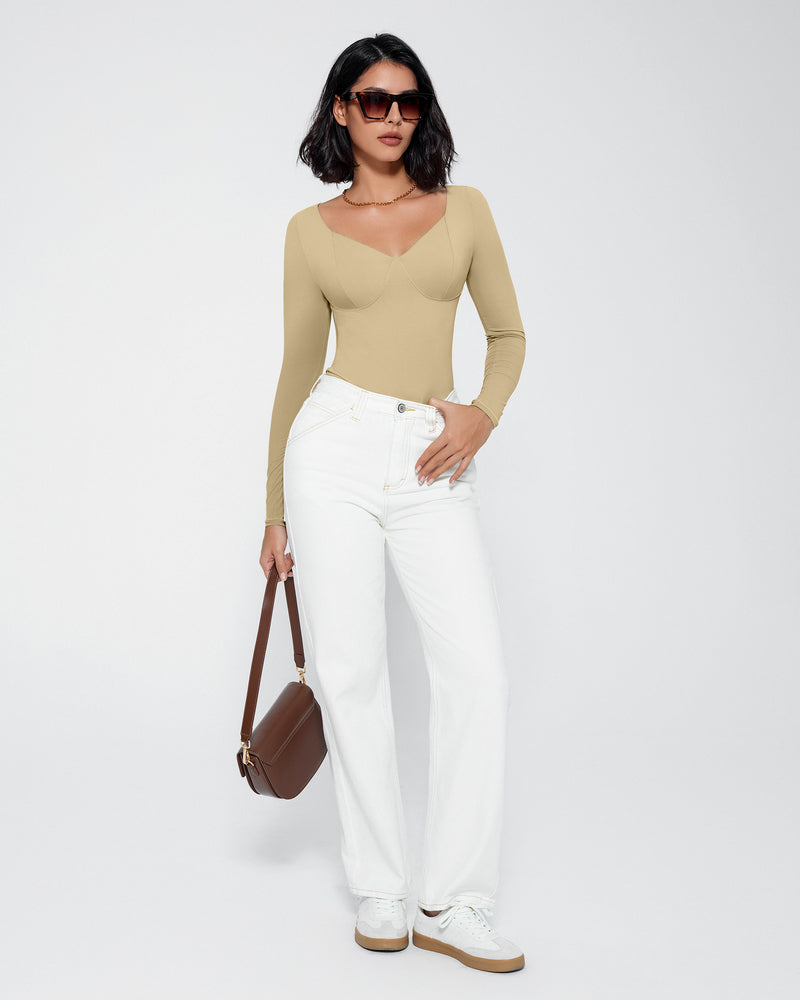 Beige long sleeve bodysuit shapewear, V-neck, tummy control, stylish and flattering fit.