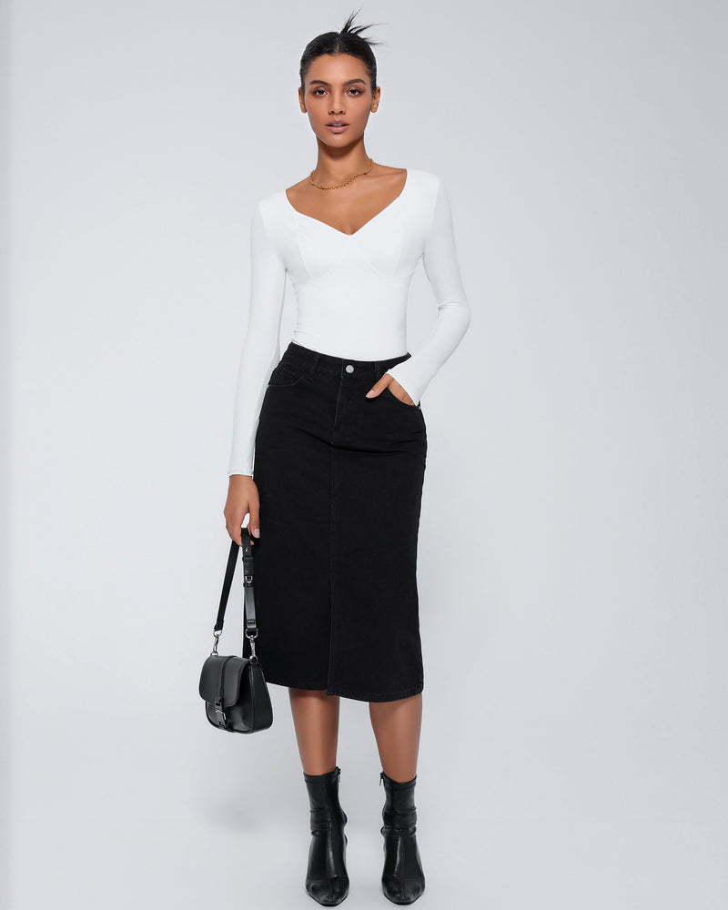 White long-sleeve V-neck bodysuit shapewear with black denim skirt, flattering fit.