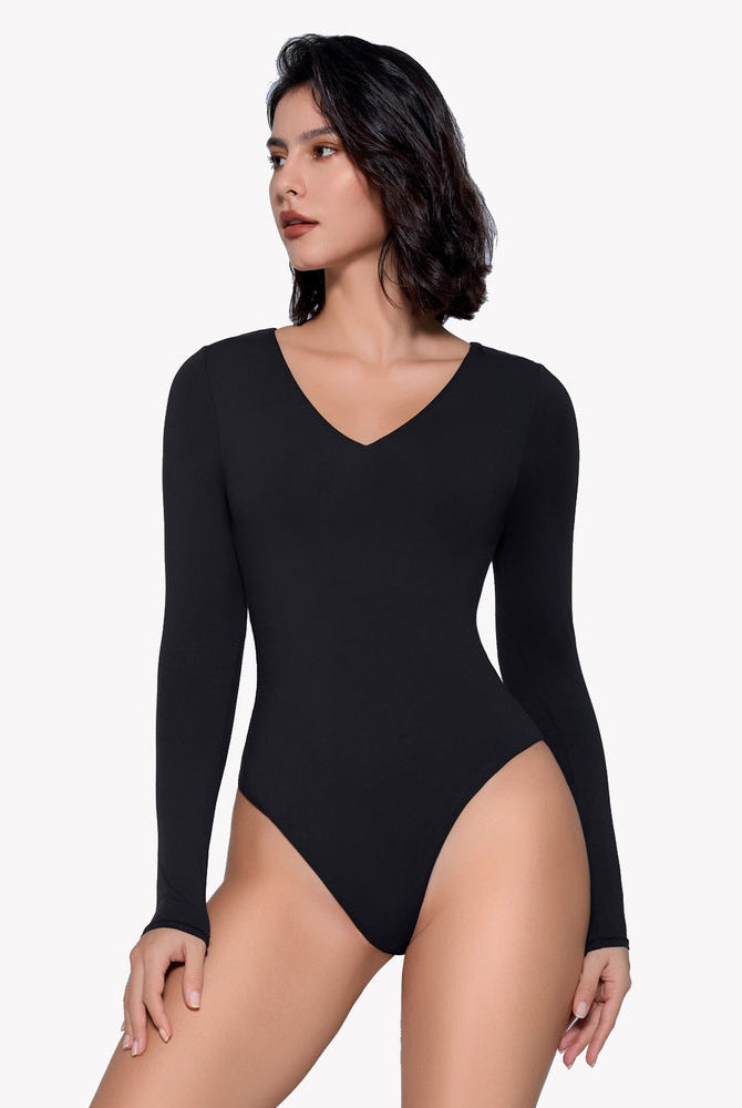 Black long-sleeve V-neck bodysuit. Buttery soft material, enhancing curves for a sleek, classy look