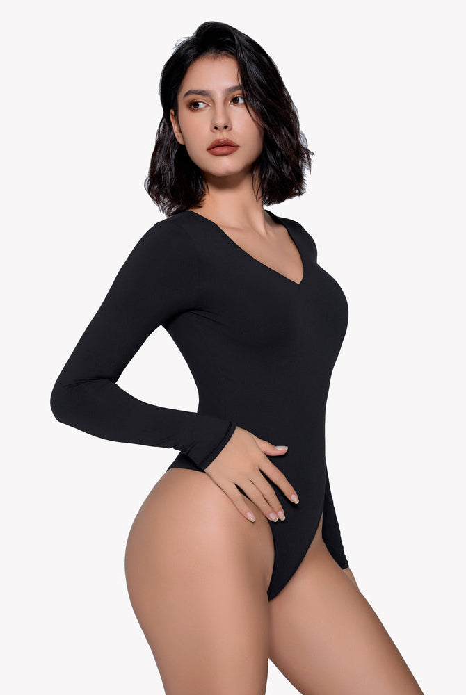 Black long sleeve bodysuit with V-neck. Buttery soft, enhancing curves, confidence.