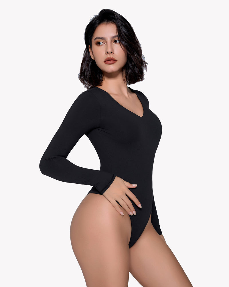 Black long sleeve bodysuit with V-neck. Buttery soft, enhancing curves, confidence.