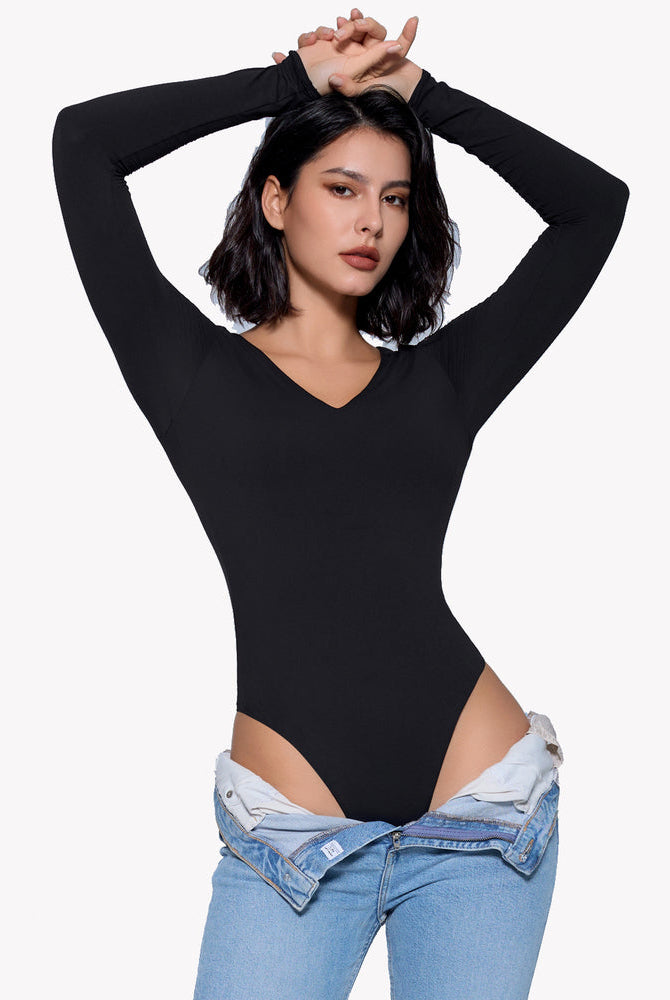 Black long-sleeve V-neck bodysuit. Enhancing curves and confidence. Available now.