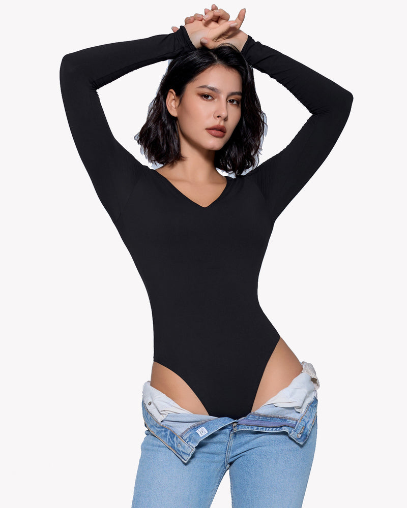 Black long-sleeve V-neck bodysuit. Enhancing curves and confidence. Available now.