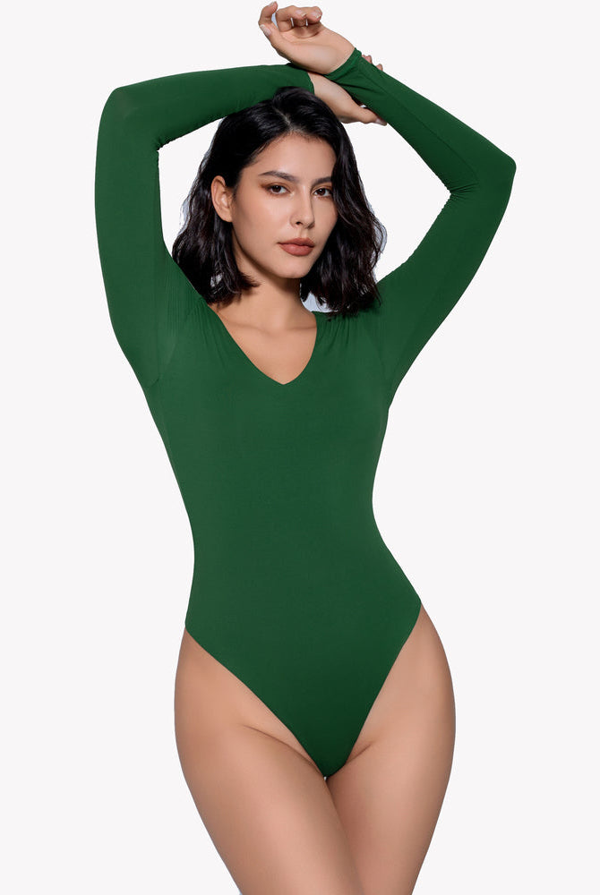 Emerald green long sleeve bodysuit, V-neck. Enhancing curves for a confident and classy look.