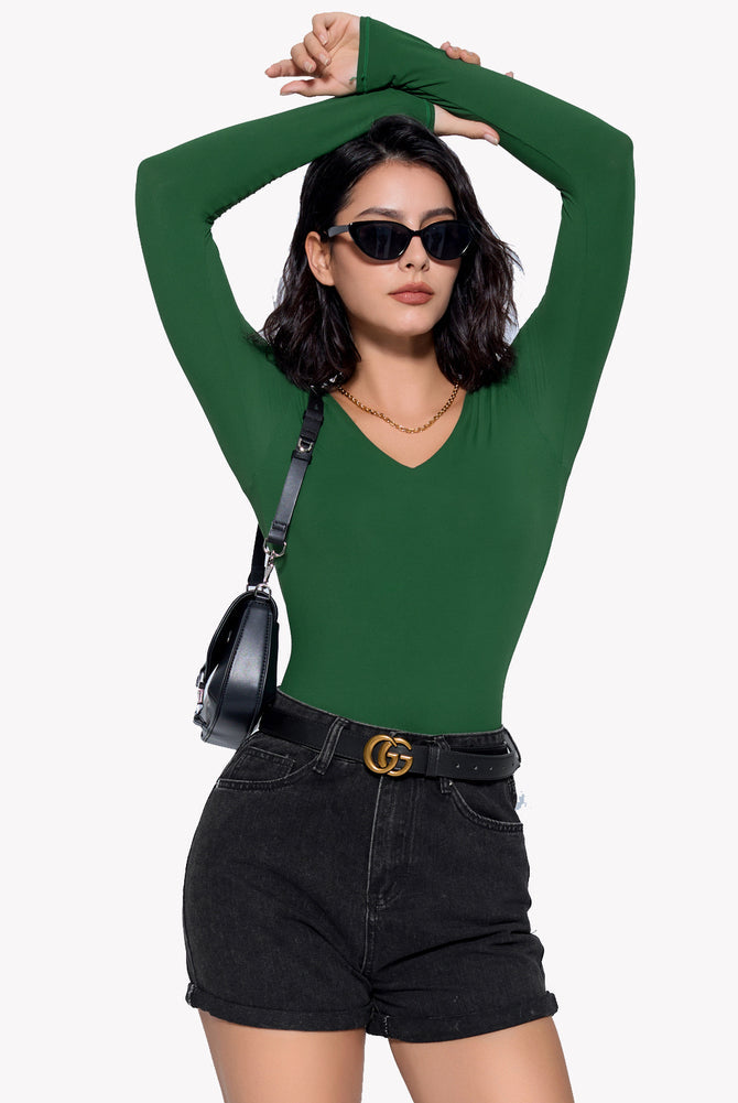 Emerald green long sleeve V-neck bodysuit, double-lined shapewear for curve enhancement