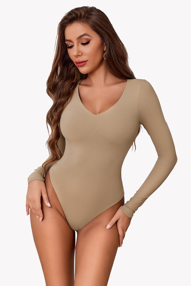 Beige long sleeve V-neck bodysuit, double-lined shapewear, enhancing curves for a confident look.