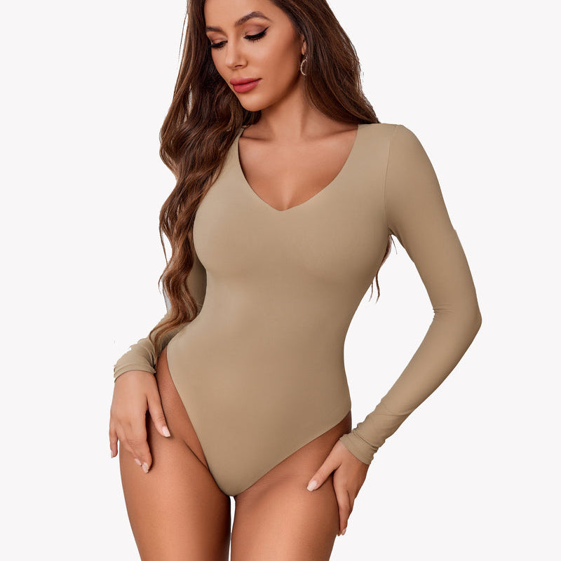 Beige long sleeve V-neck bodysuit, double-lined shapewear, enhancing curves for a confident look.