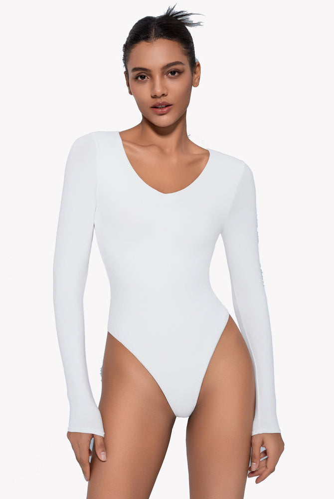 White long sleeve V-neck bodysuit, curve enhancing, double-lined for confident look.