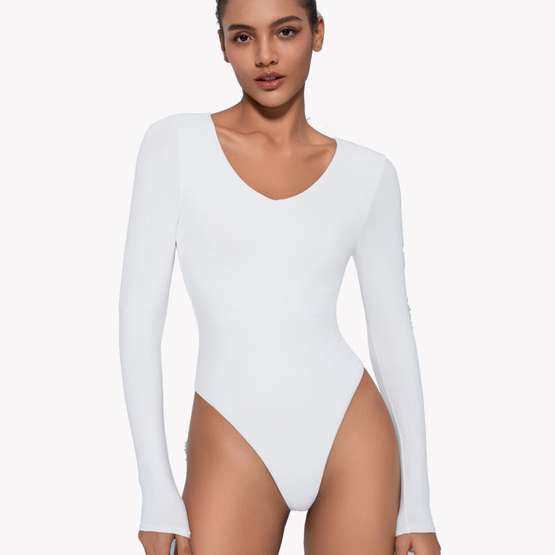 White long sleeve V-neck bodysuit, curve enhancing, double-lined for confident look.