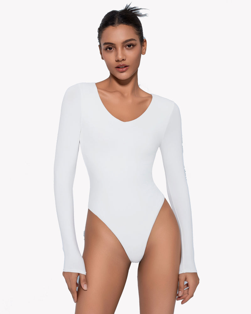 White long sleeve V-neck bodysuit, curve enhancing, double-lined for confident look.