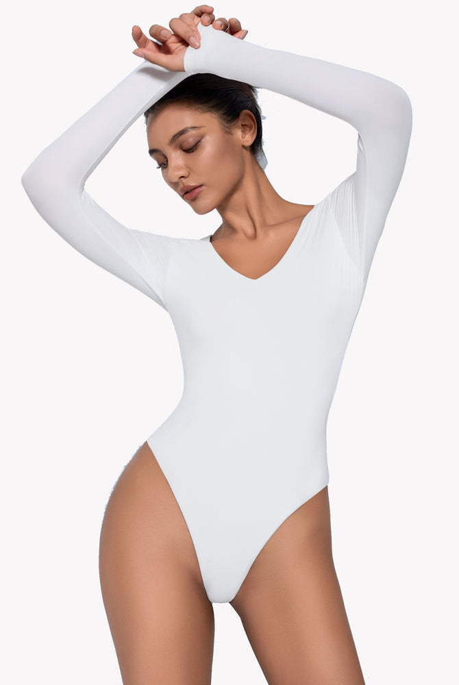 White long sleeve V-neck bodysuit, double-lined shapewear, enhancing curves for a classy look.