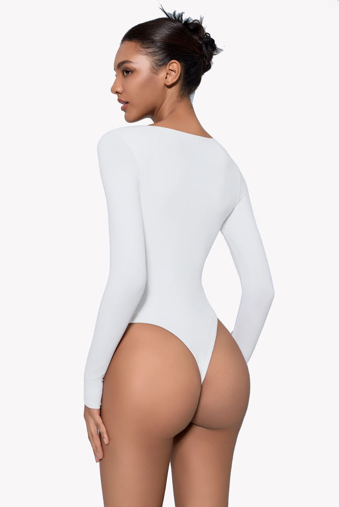 White long sleeve bodysuit with shapewear, enhancing curves for a confident and classy look.