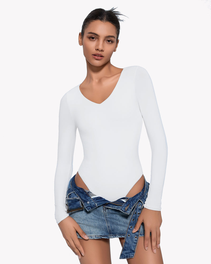 White long-sleeve V-neck bodysuit. Curve-enhancing, double-lined design for a confident look.