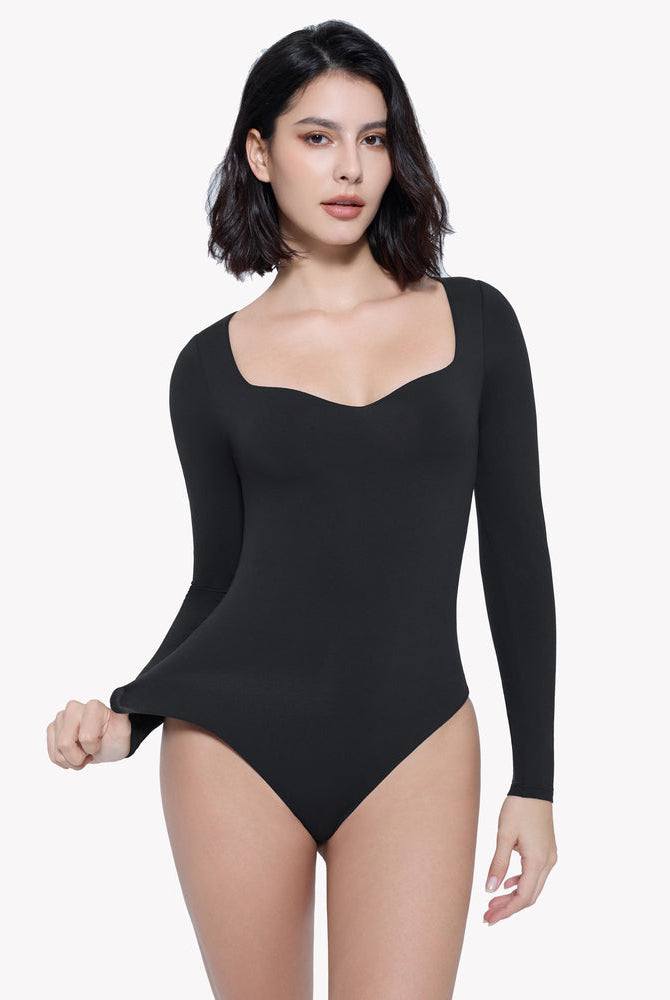 Black sweetheart neckline long sleeve bodysuit shapewear. Comfortable and shaping design.