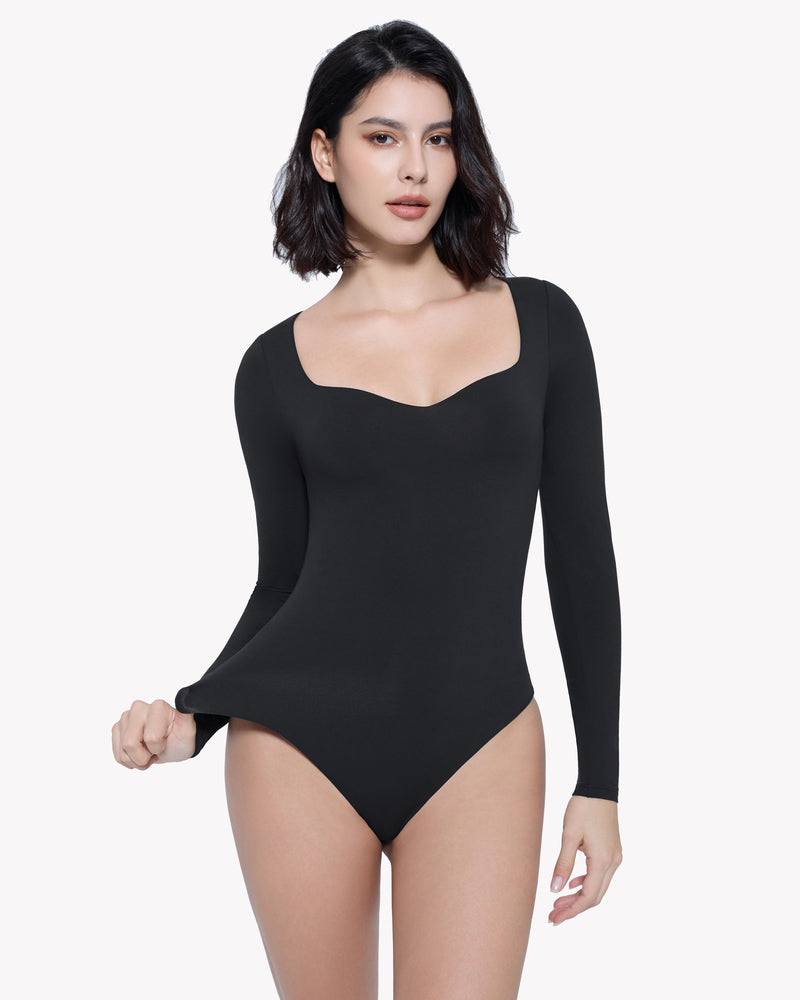 Black sweetheart neckline long sleeve bodysuit shapewear. Comfortable and shaping design.