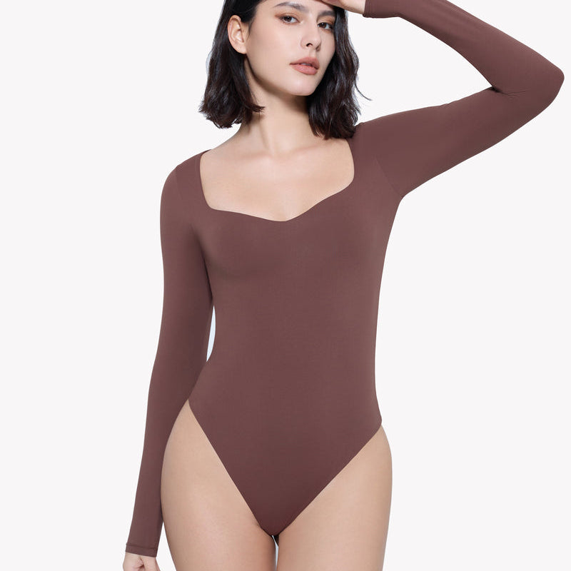 Brown sweetheart neck bodysuit shapewear, long sleeve design for shaping and comfortable fit.