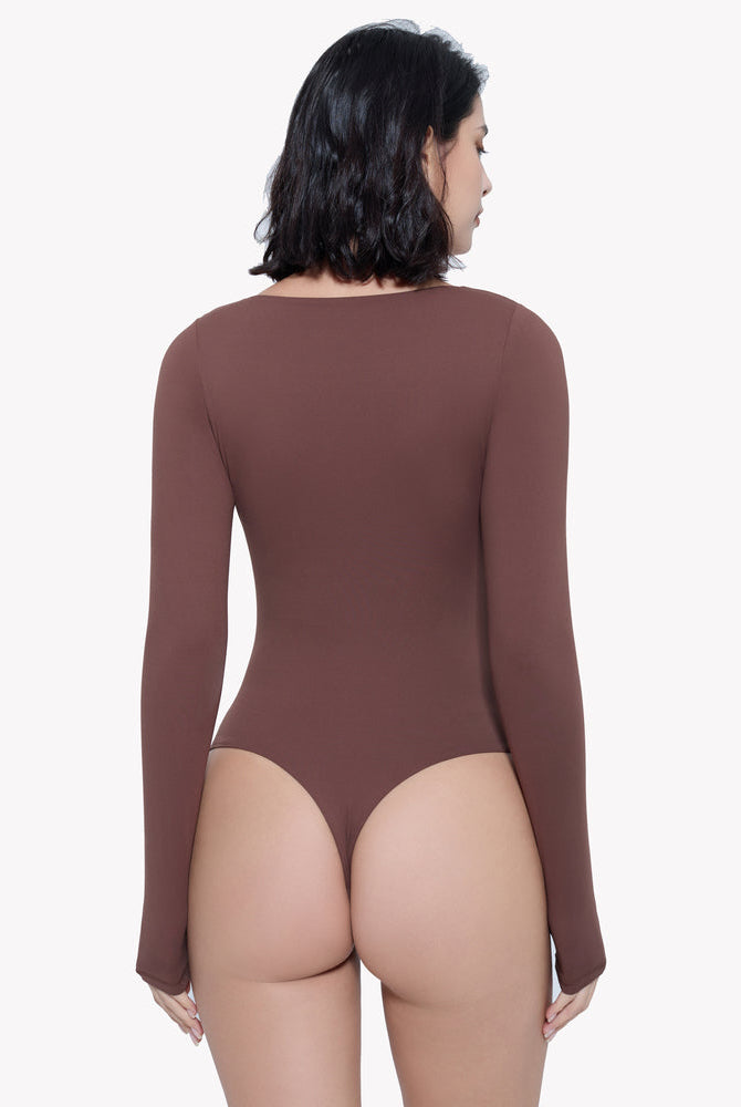 Brown long sleeve shapewear bodysuit with sweetheart neckline, premium comfort