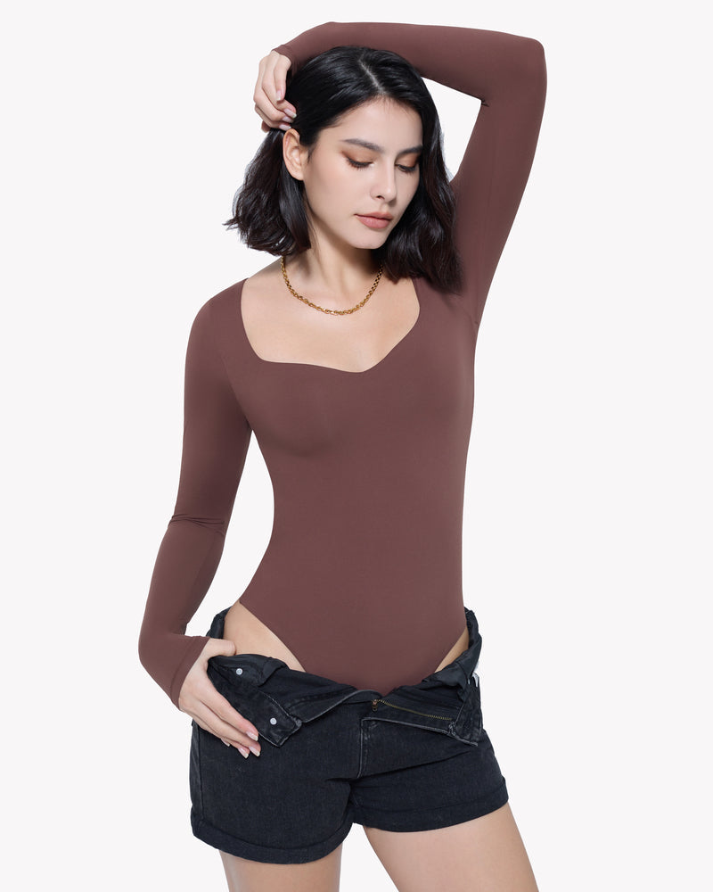 Brown Sweetheart Neck Bodysuit Shapewear with long sleeves, perfect for shaping and comfort.