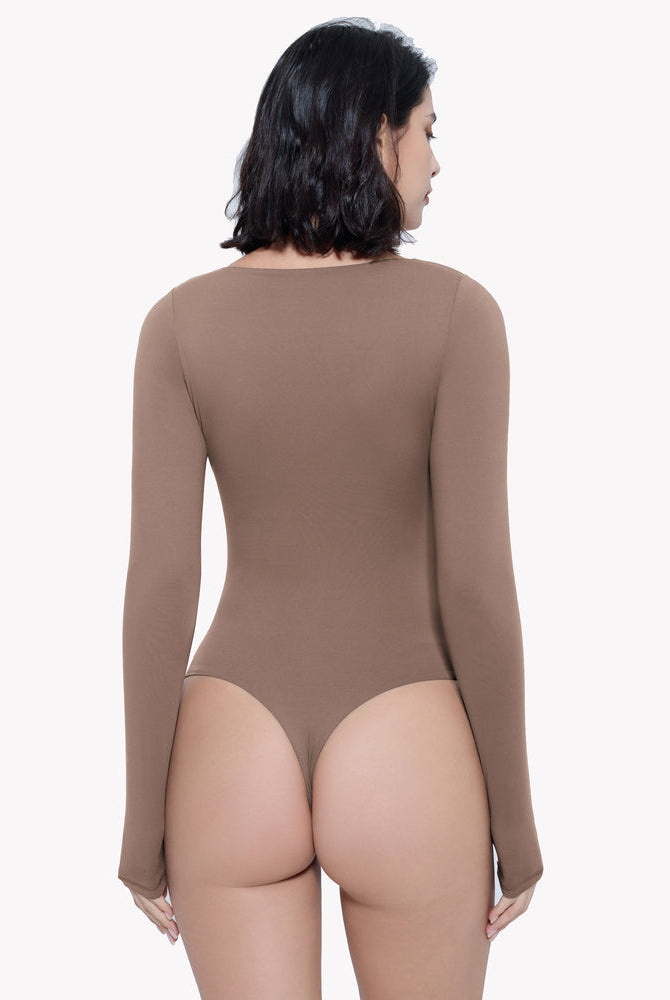 Brown long sleeve bodysuit shapewear. Sweetheart neckline design for shaping and premium comfort.