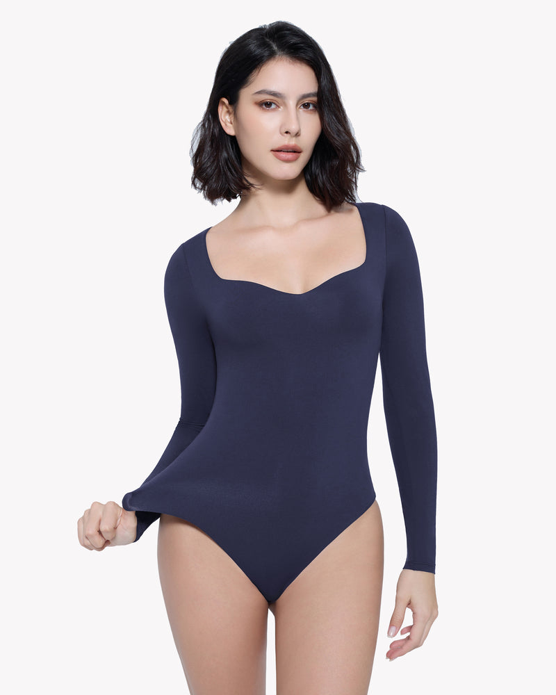 Navy blue sweetheart neckline bodysuit shapewear. Long sleeve design, premium comfort and shaping.