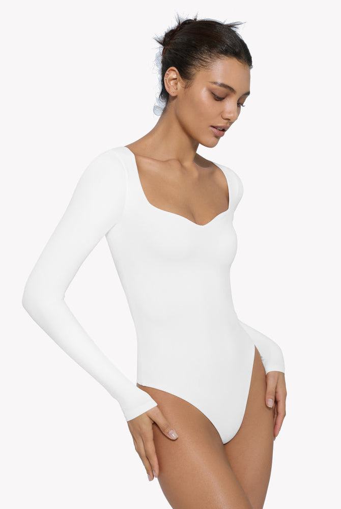 White sweetheart neckline long sleeve bodysuit shapewear, premium comfort design