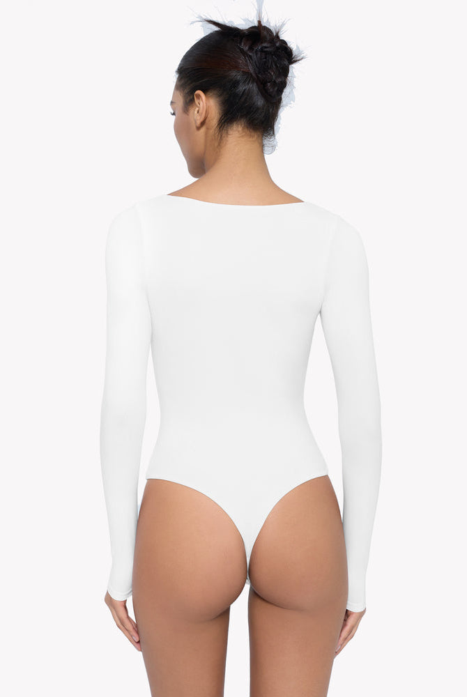 White long sleeve scoop neck bodysuit shapewear. Comfortable design for shaping and premium comfort
