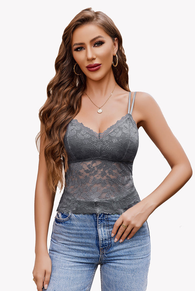 Gray lace V-neck tube top with adjustable straps, paired with jeans, Avidlove lingerie