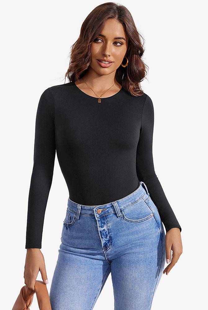 Black long-sleeve thong bodysuit, slim fit, double-lined, crew neck