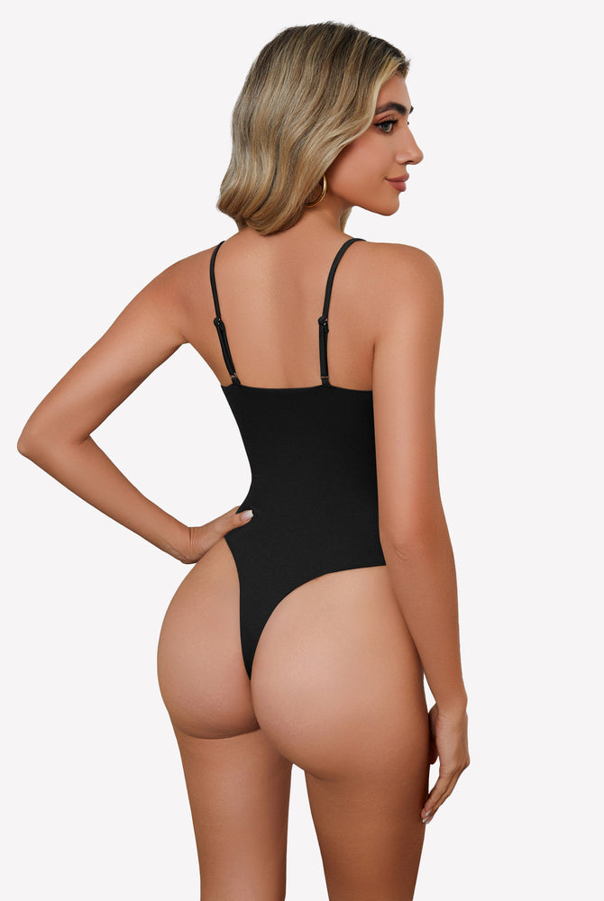 Black square neck bodysuit with spaghetti straps, backless design, and high-cut thong back.