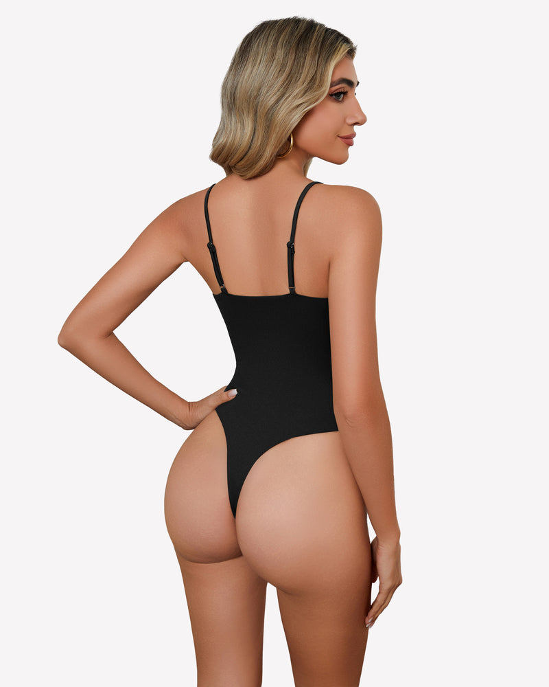 Black square neck bodysuit with spaghetti straps, backless design, and high-cut thong back.